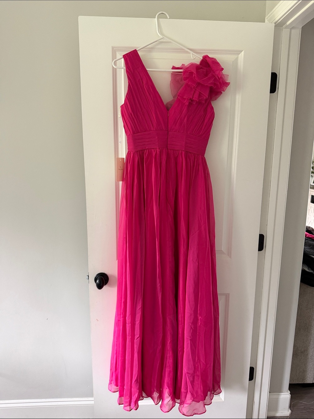 One-Shoulder Raspberry Ruffle Evening Gown - Picture 3 of 4